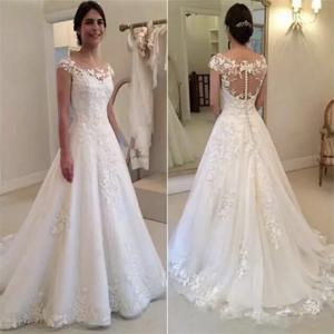 새로운 Vestido de Noiva 캡 슬리브 o-넥 a-라인 웨딩 드레스 2021 Illusio 스루 지퍼 버튼 백 신부 가운, robe de mariee