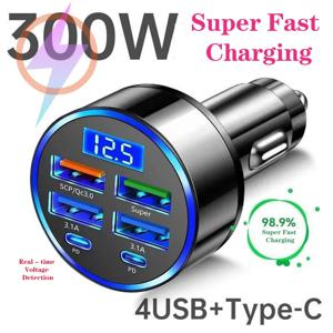 300W 6포트 차량용 충전기 고속 충전 PD/QC/SCP/FCP/AFC/PSS 차량용 시가 라이터 플래시 충전 디지털 디스플레이 포함