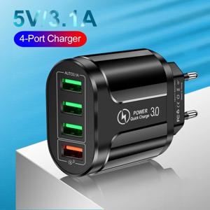 4포트 USB 충전기 48W 퀵차지 3.0 벽면 어댑터 (아이폰, 삼성, 샤오미 호환) EU/US/KR 플러그 모바일 고속 충전 어댑터 여행용