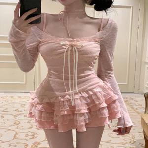 여성 미니스커트 투피스 세트 긴팔 코케트 얇은 탑 Y2k 미니스커트 K팝 걸 2000년대 감성 의상 빈티지 슈트