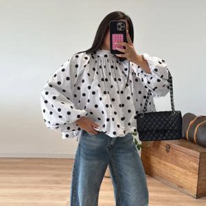 우아한 빈티지 물방울 무늬 레이스업 셔츠 여성용 롱 랜턴 슬리브 백리스 루즈 블라우스 탑 2026 여성 데일리 캐주얼 셔츠