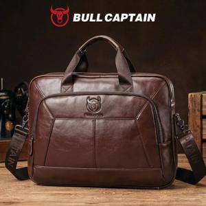 BULLCAPTAIN 남성용 정품 가죽 서류 가방 15.6 인치 노트북 가방 비즈니스 오피스 핸드백 대용량 어깨 메신저 백