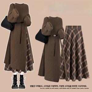 하이웨이스트 플래드 스커트와 니트 자켓 투피스 세트 (여성용) 가을 겨울 패션 캐주얼 스타일 플러스 사이즈 한국 스타일