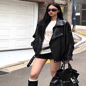 블랙 레트로 바이커 재킷 여성용 쿨 스트릿 스타일 유니크 PU 가죽 지퍼 슬리브 롱 폴로 칼라 레귤러 핏 가을 신상품