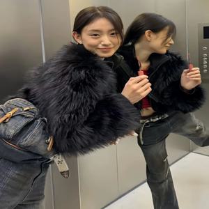 블랙 폭스 퍼 숏 코트 따뜻한 두꺼운 여성 겨울 아우터 한국 스타일 V넥 솔리드 컬러 젊은 감각의 패션 고급스러운 느낌