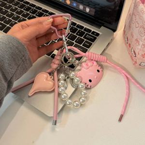 산리오 헬로 키티 수제 DIY 끈 키체인 핑크 실버 KT 고양이 맞춤형 커플 뜨개질 끈 패키지 장식품