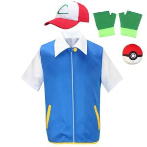 코스프레 애니메이션 Ash Ketchum 옷 남자 블루 자켓 의상 소년 소녀 코스프레 파티 트레이너 포켓몬 모자 장갑 세트