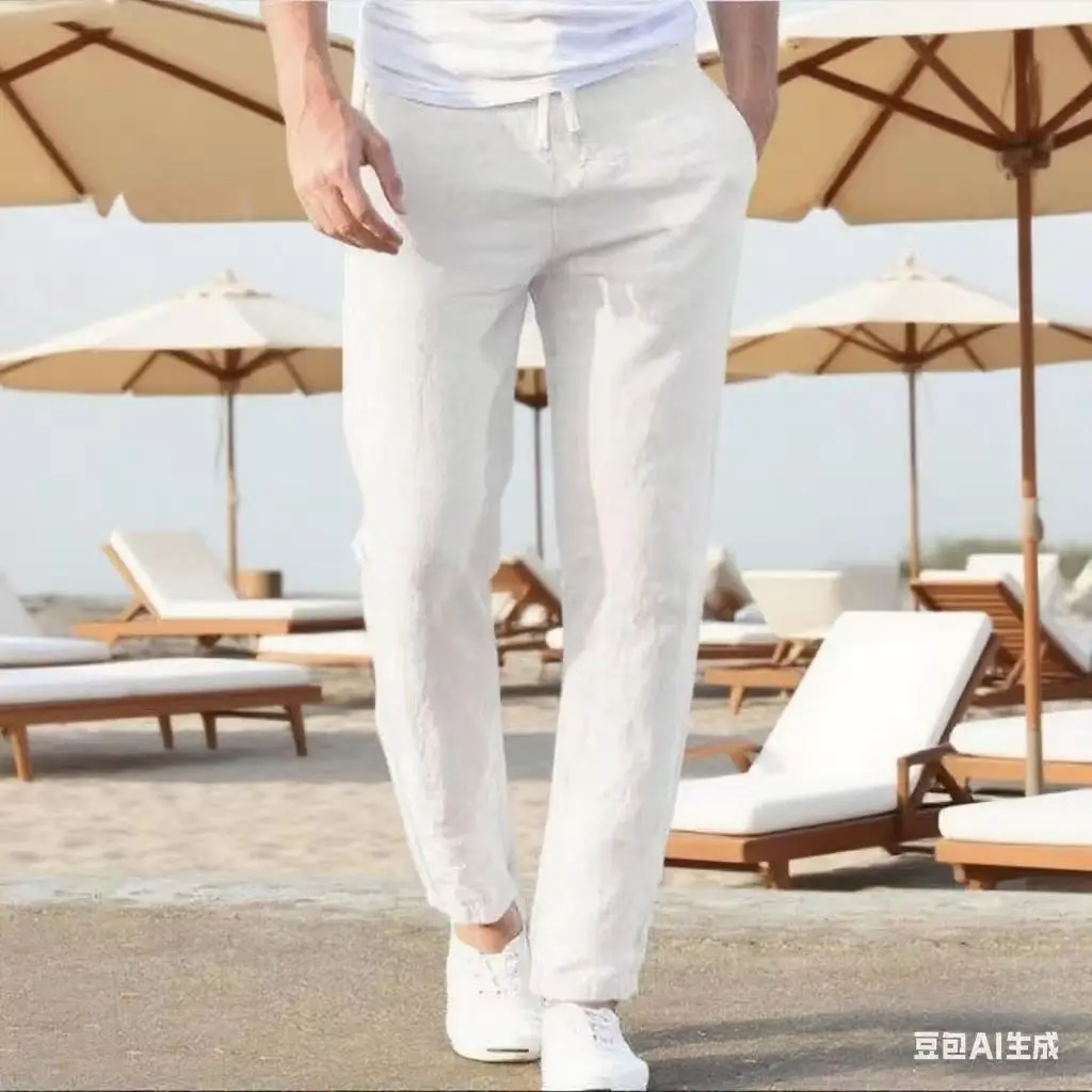 2025 남성 코튼 린넨 캐주얼 팬츠 배기 스트릿웨어 남성 조거 스포츠 트라우저 솔리드 컬러 롱 스트레이트 트렌디 팬츠