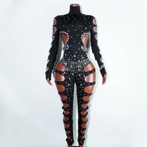 RhinestHollow Out 섹시한 블랙 여성 바디 슈트 바지 세트 긴 소매 터틀넥 바디 슈트 Clubwear 의상 스타 핫 가수 무대