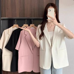 흰색 반팔 블레이저 자켓 여성 여름 세련된 싱글 버튼 노치 칼라 아웃웨어 숙녀 한국 느슨한 사무복 코트