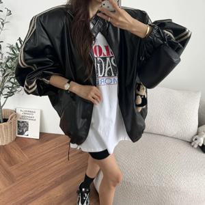 한국 스타일 여성용 세련된 스트라이프 지퍼 오토바이 모양 재킷 봄 가을 드로스트링 스탠드 칼라 아우터웨어