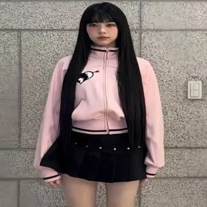 귀여운 핑크색 자수 긴팔 숏 코트 여아용 만화 스티치 무대 공연 아우터 스탠드 칼라 올매치 스타일