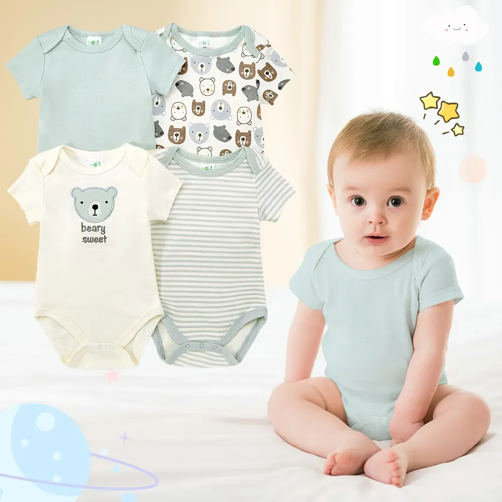 4PCS 신생아 유아 Romper 짧은 소매 라운드 넥 만화 동물 꽃 인쇄 Bodysuit Onesies 아기 소년과 소녀 옷
