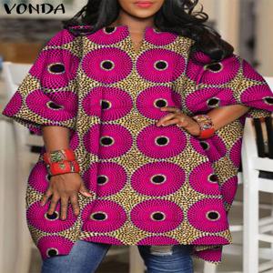 플러스 사이즈 5XL VONDA 여성 블라우스 빈티지 프린트 탑 여름 브이넥 보헤미안 셔츠 배트 슬리브 캐주얼 루즈 블라우스