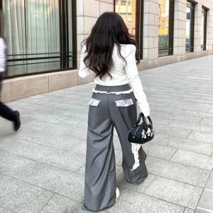 그레이 하이 웨이스트 와이드 레그 스트레이트 컷 롱 팬츠 여성 정장 바지 봄 디자인 레이스 스플라이싱 캐주얼 바지 한국 스타일