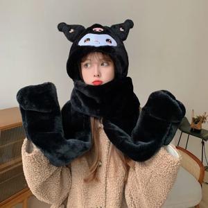 만화 산리오 쿠로미 모자 장갑 스카프 올인원 멜로디 시나모롤 소녀 겨울 귀 보호 벨벳 두꺼운 따뜻한 후드 스카프