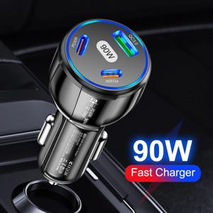 90W USB PD 차량용 충전기 3 포트 USB 유형 C 고속 충전기 빠른 충전 3.0 iPhone 15 14 용 차량용 전화 어댑터 Xiaomi Samsung Huawei