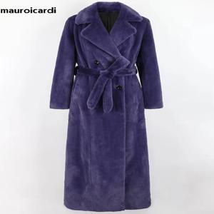 Nerazzurri 여성용 인조 렉스 모피 코트, 매우 긴 보라색, 두껍고 따뜻한, 바닥 길이, 럭셔리, 우아하고 푹신한 오버코트, 가을, 겨울