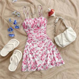 여름 여성 유행 인쇄 섹시한 Pleated 드레스 2025 우아한 여성 휴가 스타일 Backless Suspender Beach Mini Vestidos