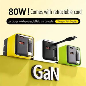 80W GaN USB C 고속 충전기 리트랙터블 케이블 폰 충전기 어댑터 아이폰 삼성 샤오미 화웨이용 EU/US/UK 플러그 퀵 충전기