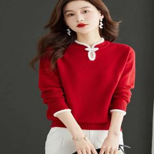 2026 새로운 중국 스타일 레드 스웨터 여성 가을 겨울 이너웨어 행운의 해 축하 상의 새해 포켓 스퀘어 타이