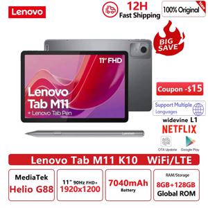 글로벌롬 레노버 탭 M11 k10 11인치 90Hz 디스플레이 안드로이드 13 L1 미디어텍 헬리오 G88 8GB/128GB 7040mAh 배터리 4G LTE 태블릿 2025