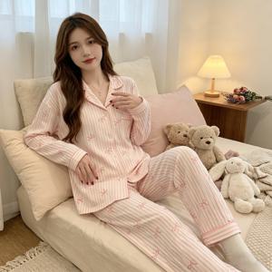 새로운 여성용 봄, 가을 잠옷 홈웨어 세트 주름진 천 달콤한 소녀 학생 긴팔 캐주얼 잠옷 홈웨어 세트