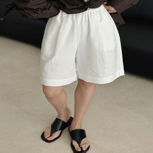 여성용 여름 화이트 버뮤다 반바지 루즈핏 A라인 리오셀 롱 반바지 배기 레이디 하이웨이스트 네이비 와이드 레그 코튼 반바지, 버뮤다팬츠, 여성반바지
