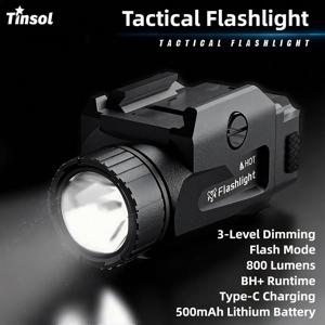 TINSOL 800LM 강력한 전술 라이트 4가지 모드 USB 충전식 퀵 릴리즈 핸드건 야외 사격 피카티니 레일 마운트