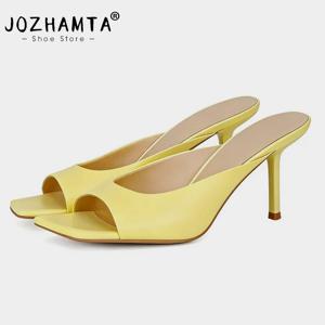 JOZHAMTA 사이즈 34-43 여성용 진짜 가죽 샌들 여성용 스퀘어 피프 오픈 토 얇은 하이힐 여름 신발 여성용 슬리퍼