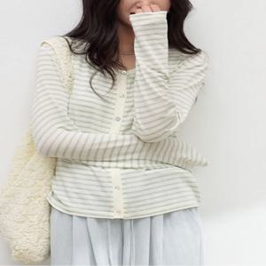 봄/여름 여성용 아세테이트 린넨 가디건 실크 라이오셀 얇은 가디건 심플 버튼 스트라이프 탑