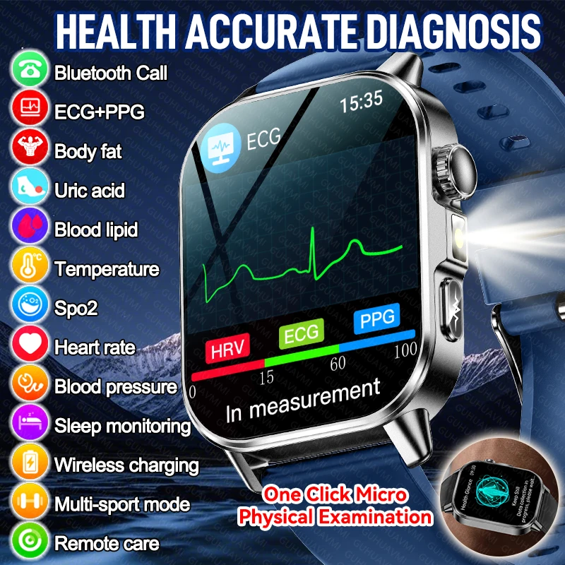 새로운 남성용 정확한 건강 진단 ECG 스마트워치 혈압 혈중 산소 혈중 지방 요산 체온 블루투스 통화 스마트워치