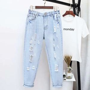 느슨한 구멍 찢어진 청바지 여성용, 플러스 사이즈, 하이 웨이스트, 데님 바지, 여름, 가을 청바지, C7419, 4XL, 5XL