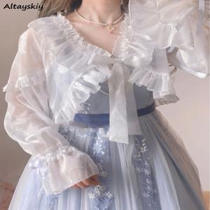 셔링 자켓 여성 자르기 미적 선 스크린 섬세한 스위트 걸스 Fairycore 인기 퍼프 슬리브 부드러운 얇은 여름 로리타 스타일