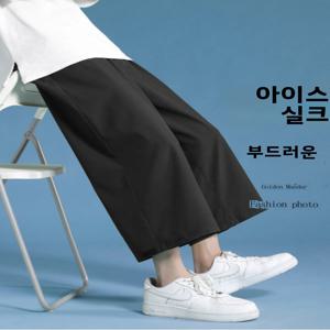 남성 여름용 얇은 아이스 실크 캐주얼 팬츠 루즈핏 와이드 레그 7부 바지 폴리에스터 섬유 스포츠 트라우저 트렌디 스트레이트 컷