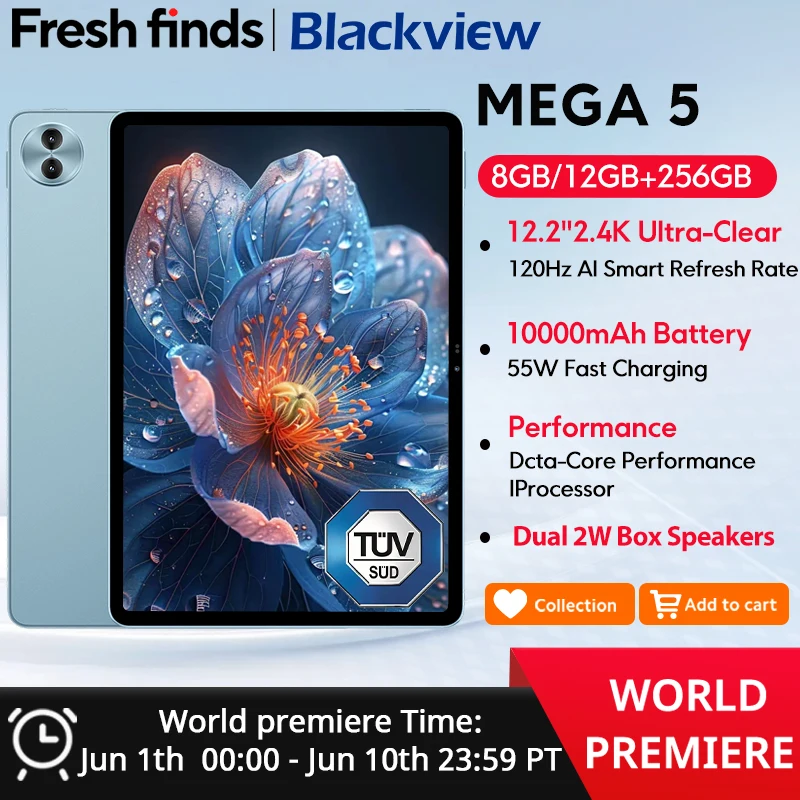 새로운 블랙뷰 메가 5 AI 태블릿 12.2인치 2.4K 120Hz 디스플레이 12GB 256GB 10000mAh 55W 충전 4G 안드로이드 16 PC 패드 ﻿