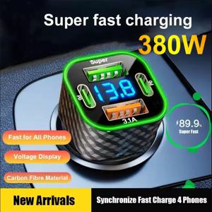 380W USB C 차량용 휴대폰 충전기 듀얼 PD 4 in 1 전압 표시 기능 포함 초고속 충전 어댑터 (아이폰, 오포, 비보, 삼성용)