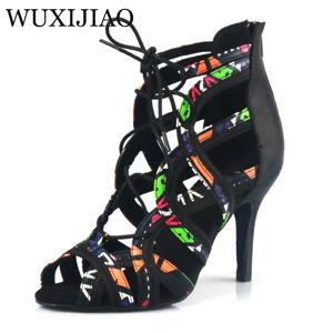 WUXIJIAO 브랜드 라틴 댄스 하이 부츠 신발 소프트 솔 신발 살사 볼룸 숙녀 메쉬 댄스 신발 쿠바 하이힐