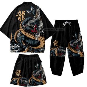 대형 6XL 7XL 일본 기모노 카디건 바지 세트 프린트 드래곤 남성 여성 셔츠 전통 유카타 하오리 오비 Coaplay 의상