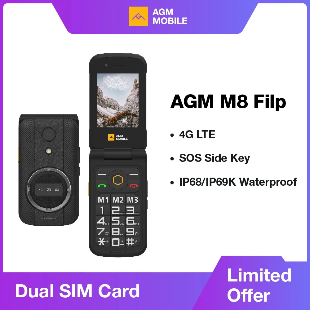AGM M8 플립 러기드 휴대폰, 노인 기능, SOS 빠른 통화, 큰 글자, 영어 및 러시아어 키보드 포함