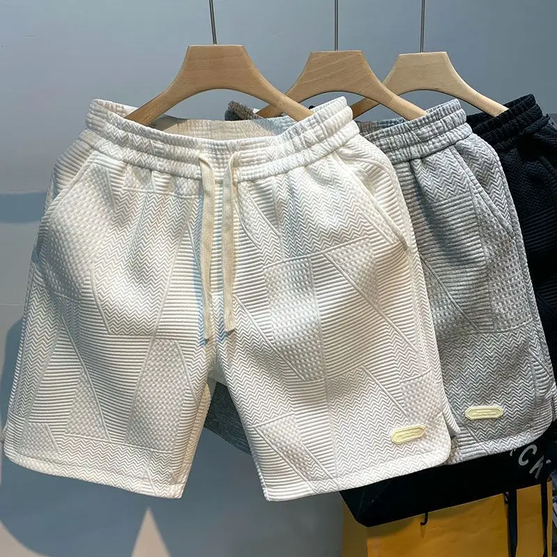 남성용 여름 러닝 반바지 캐주얼 조깅 스포츠 짧은 바지 웨이브 패턴 솔리드 컬러 Drawstring 루즈 드라이 체육관 스포츠 반바지