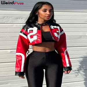 이상한 Puss 가짜 가죽 대표팀 재킷 여성 Hipster 편지 인쇄 가을 캐주얼 스포티 한 야생 streetwear 유니폼 트렌드 자르기 코트
