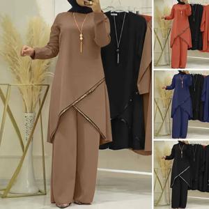여성 Eid Musulman 앙상블 이슬람 세트 솔리드 블라우스 넓은 다리 바지 라마단 모로코 두 조각 두바이 Kaftan 느슨한 겸손한
