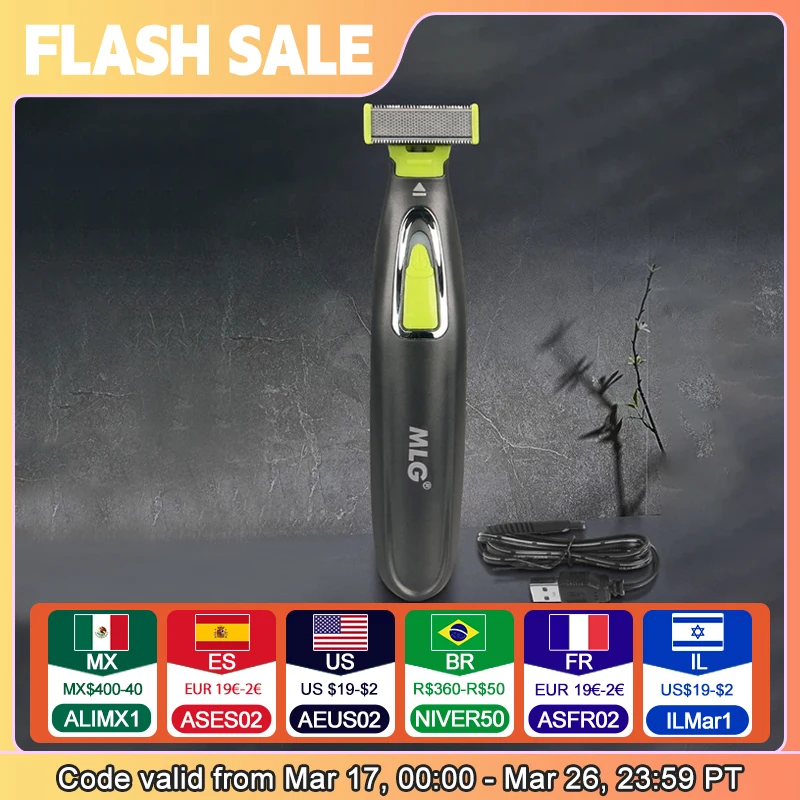 MLG 남녀공용 전기 면도기, 휴대용 전신 트리머, USB T 모양 블레이드 면도기, 수염 겨드랑이 세척 가능