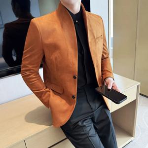 새로운 블레이저 소 가죽 벨벳 한국어 버전 비즈니스 슬림 피트 정장 스탠드 칼라 유행 캐주얼 정장 재킷 남성 정장 의류