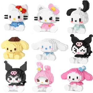 Sanrio 헬로 키티 빌딩 블록 Pochacco Cinnamoroll Kuromi 조립 3D 모델 My Melody Pom Pom Kid 미니 벽돌 그림 장난감