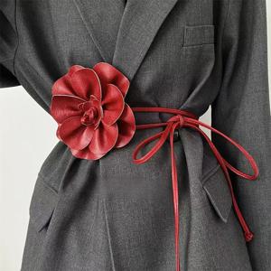 보헤미안 PU 가죽 허리 벨트 - 드레스 장식용 리본이 달린 큰 꽃 타이 랩 새시