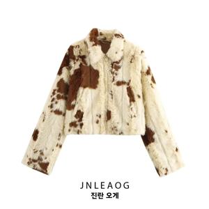 JNLEAOG 가을 신상 여성 패션 바람무늬 프린트 인조 퍼 효과 재킷 짧은 아우터 폴리에스터 섬유 칼라