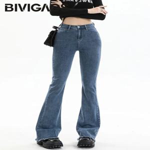 BIVIGAOS 새로운 가을 봄 마이크로 플레어 청바지 여성 하이 웨이스트 슬림 타이트 레트로 태슬 밑단 스트레치 데님 말굽 바지