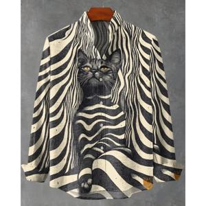 Moslim Kleding Heren 가을 베스트 셀러 남성용 긴팔 리넨 셔츠, 레트로 키티 패턴 아트 프린트 셔츠 Ropa Hombre